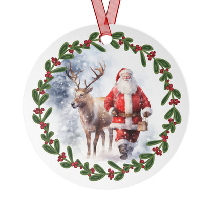 Santa With Reindeer in Snow Design 2 Christmas Ornament