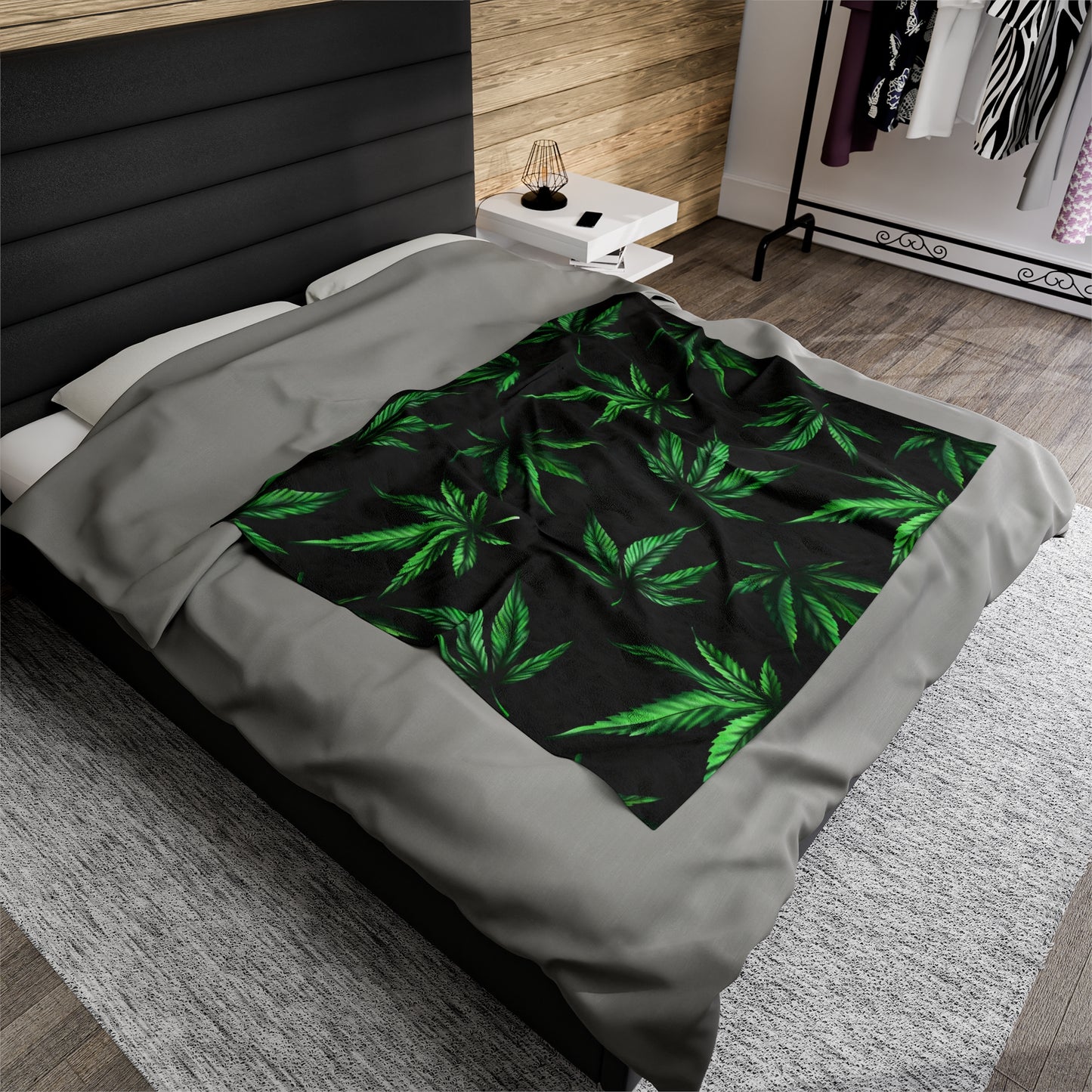 Marijuana Leaf on Black Blanket