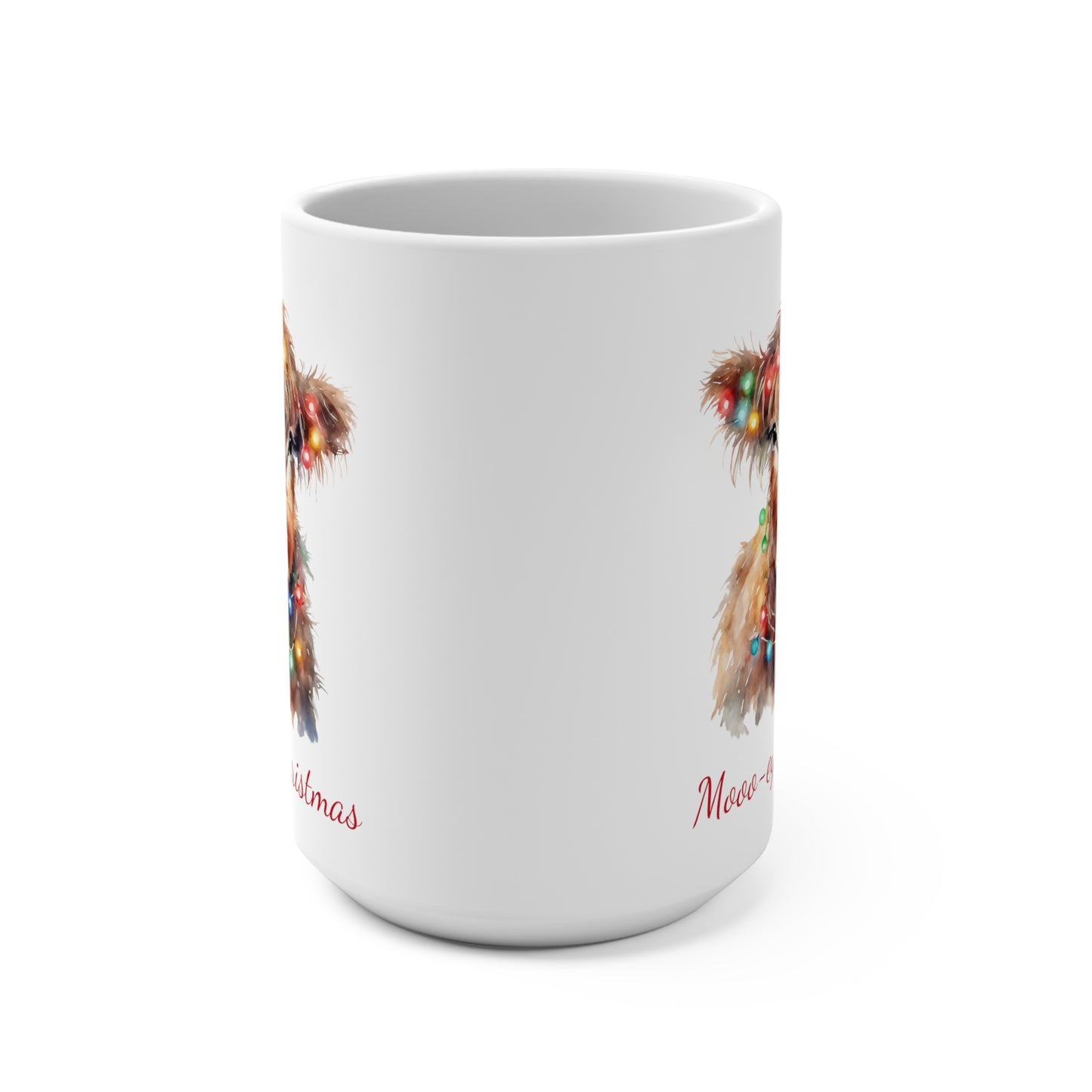 Highland Cow in Christmas Lights Mooo-ey Christmas Mug 15oz