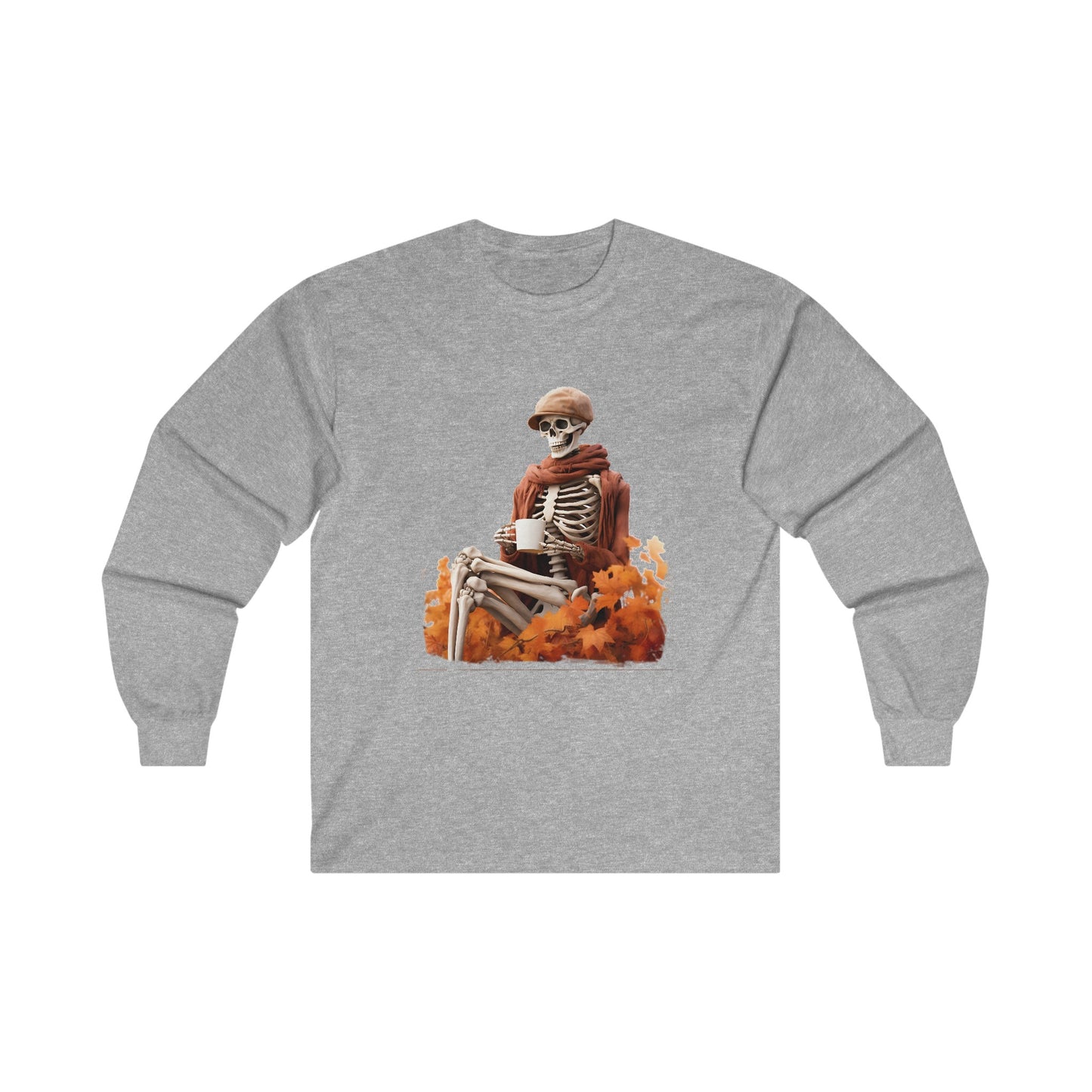 Skelton with Fedora in Leaves Long Sleeve Tee