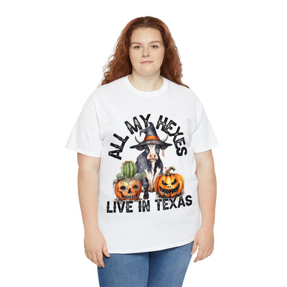 All My Hexes Live In Texas Cow With Pumpkins Halloween Short Sleeve Tee