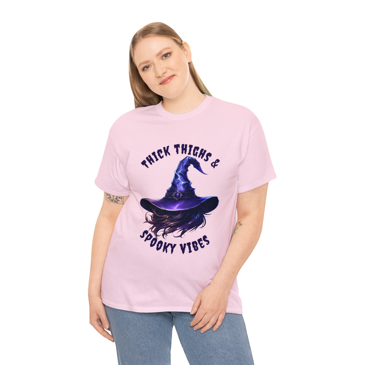 Thick Thighs And Spooky Vibes Witch Hat Halloween Short Sleeve Tee