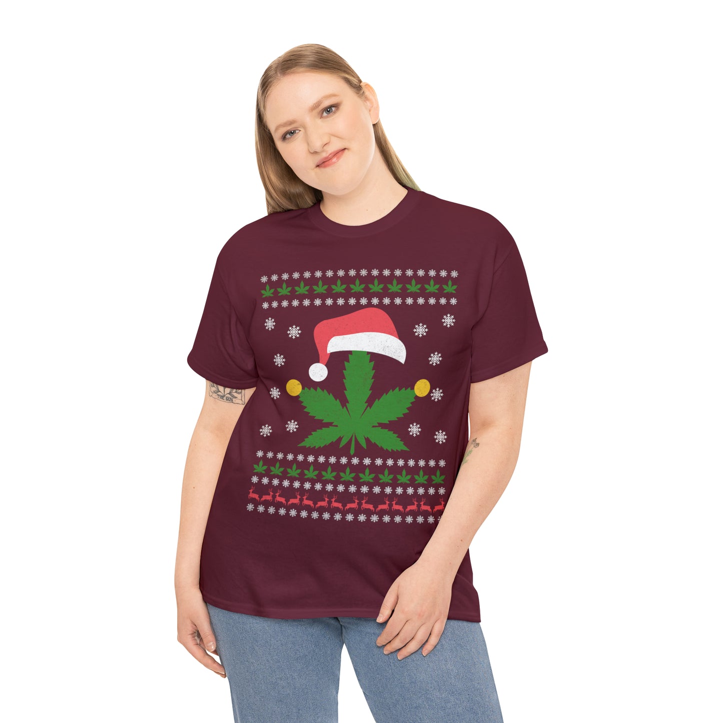 Cannabis Leaf in Santa Hat Christmas Ugly Sweater Short Sleeve Tee