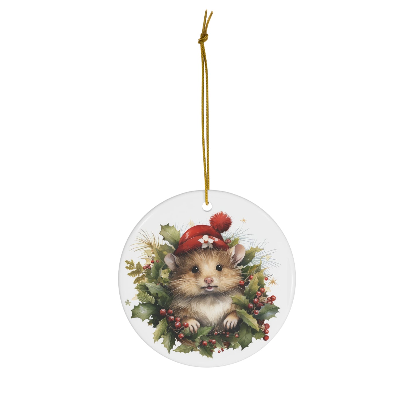 Mouse in Holly Christmas Ceramic Ornament