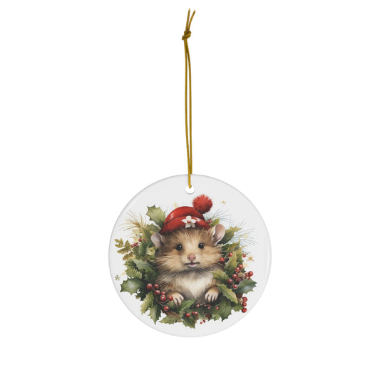 Mouse in Holly Christmas Ceramic Ornament