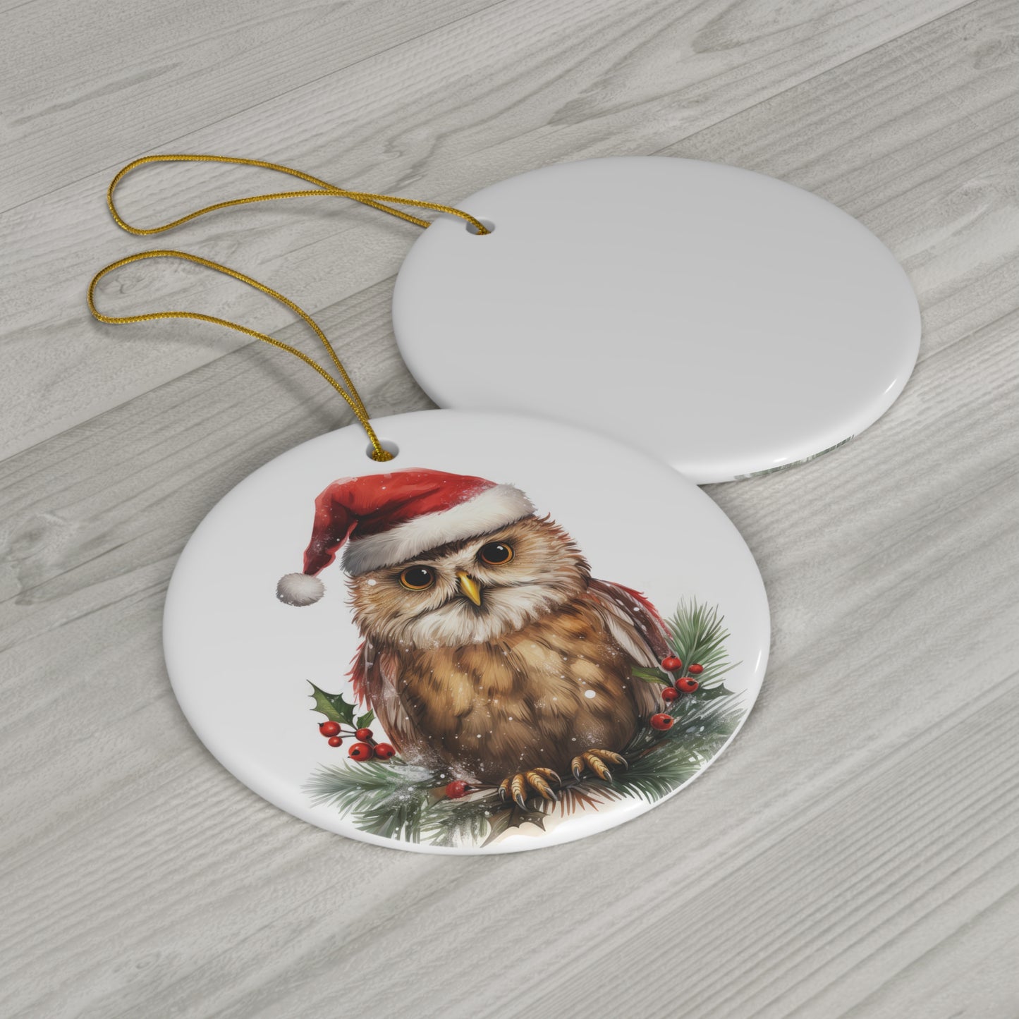 Owl in Santa Hat Christmas Ceramic Ornament