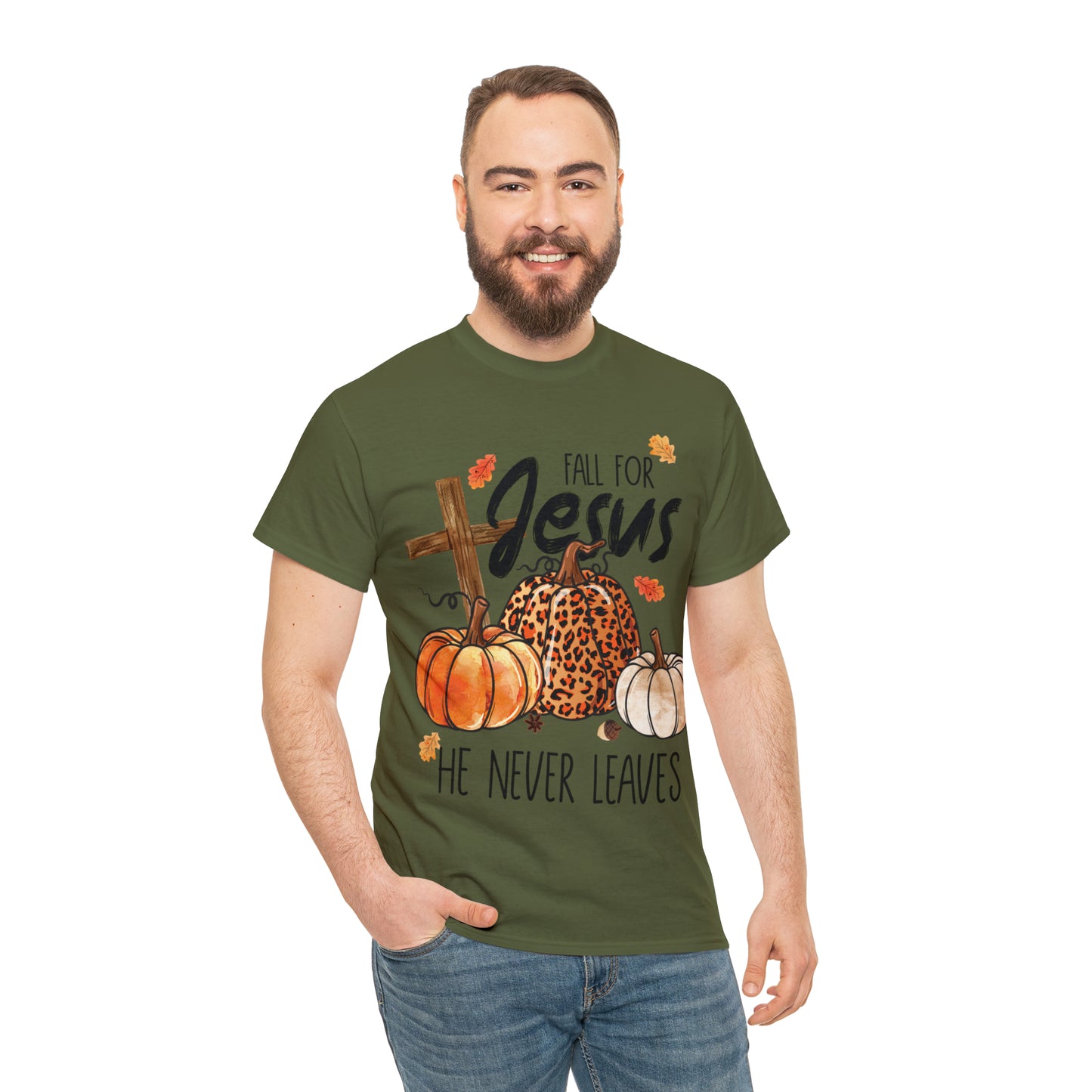 Fall For Jesus He Never Leaves Christian Halloween Short Sleeve Tee