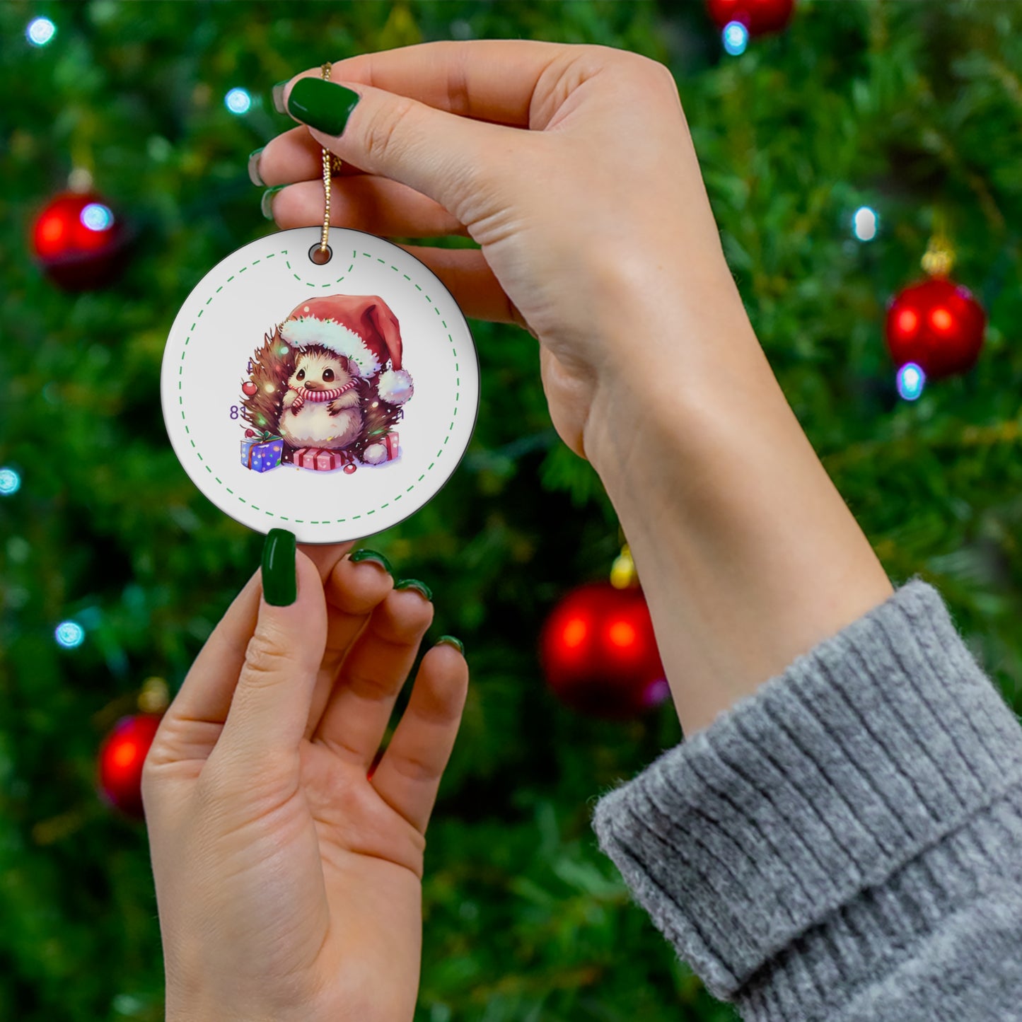 Hedgehog with Presents Christmas Ceramic Ornament