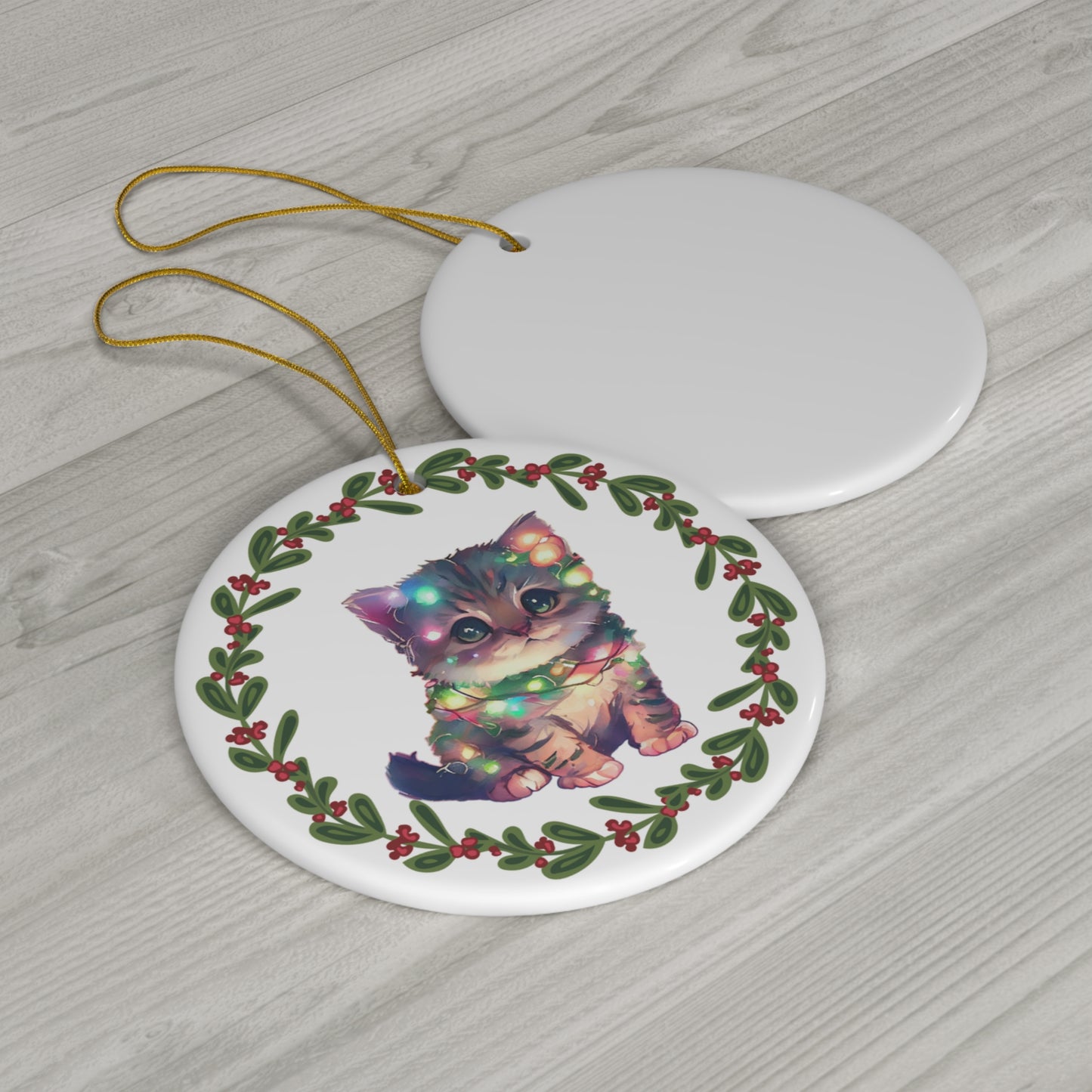 Grey Stripe Cat in Lights Christmas Ceramic Ornament