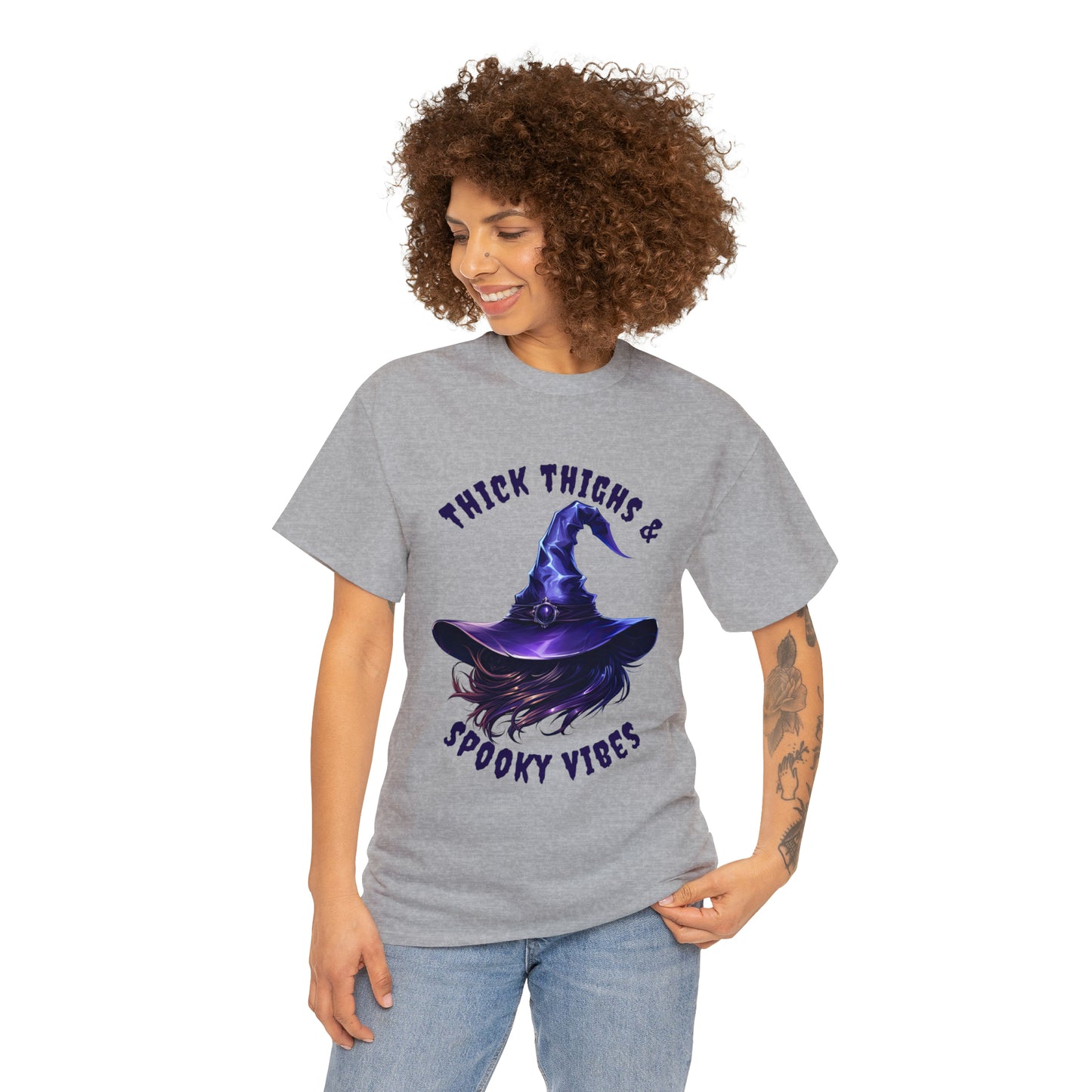 Thick Thighs And Spooky Vibes Witch Hat Halloween Short Sleeve Tee