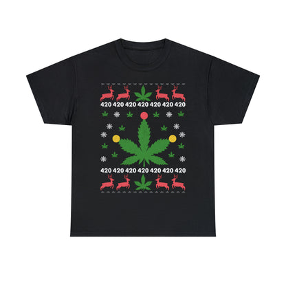 Cannabis Leaf with Lights Christmas Ugly Sweater Short Sleeve Tee