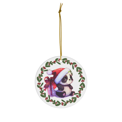 Cute Panda Sitting with Present Christmas Ceramic Ornament
