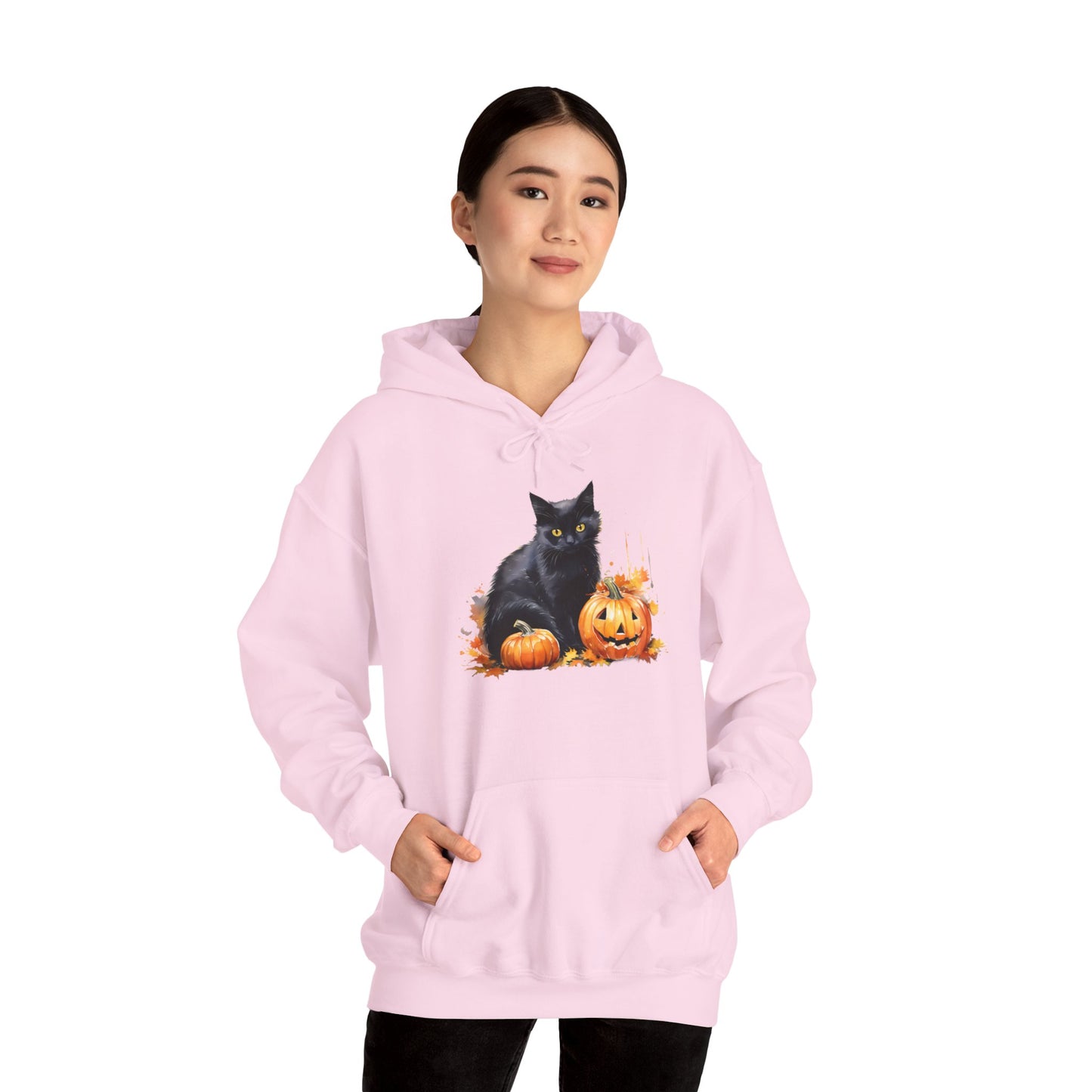 Black Cat with Pumpkin Halloween Pullover Hoodie