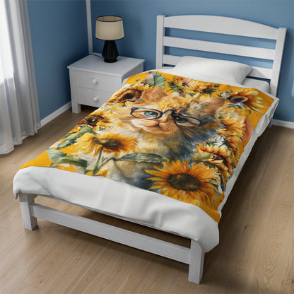 Watercolor Yellow Sunflowers with Cat in Glasses Blanket