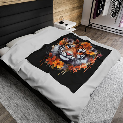 Tiger Head with Flowers Blanket