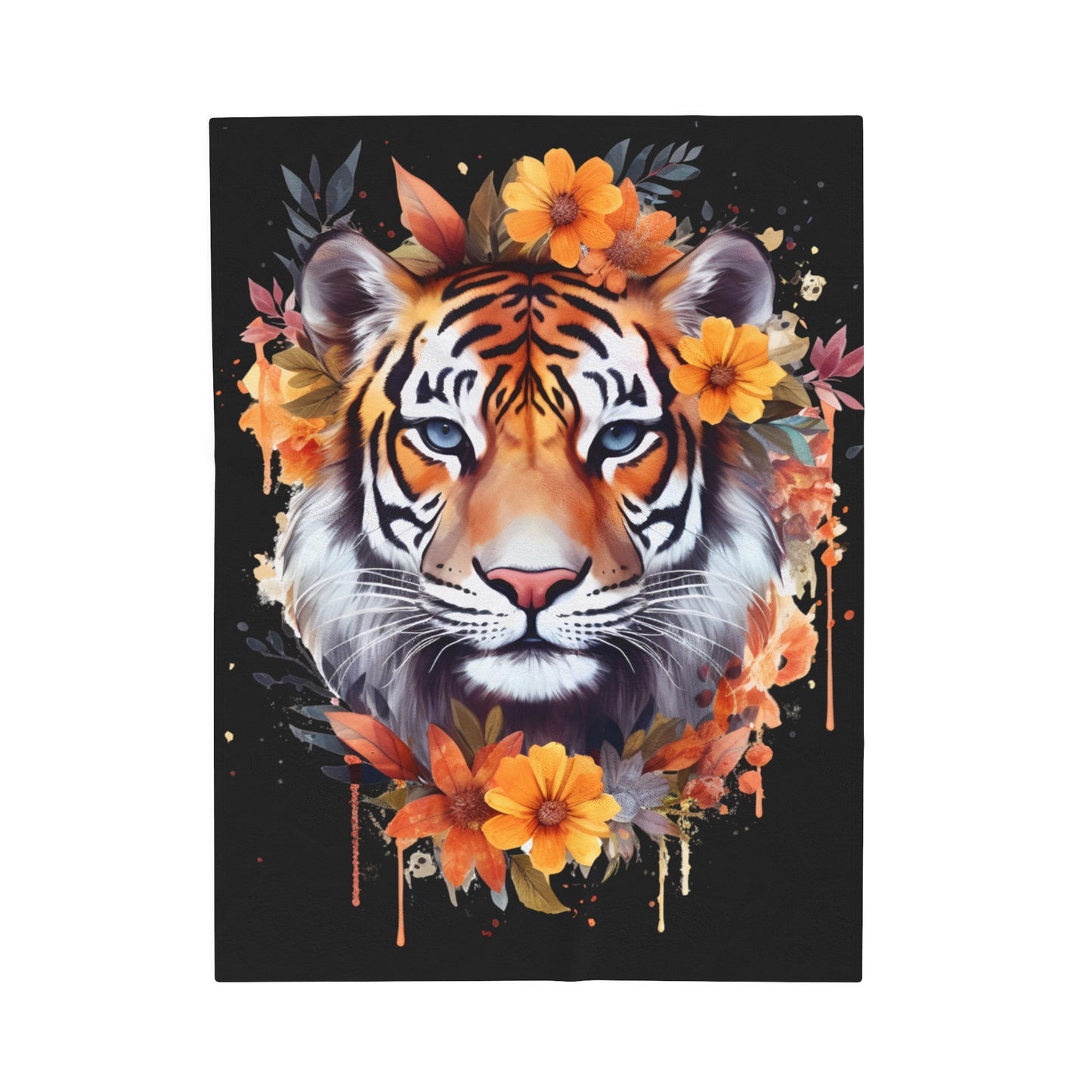 Tiger Head with Flowers Blanket