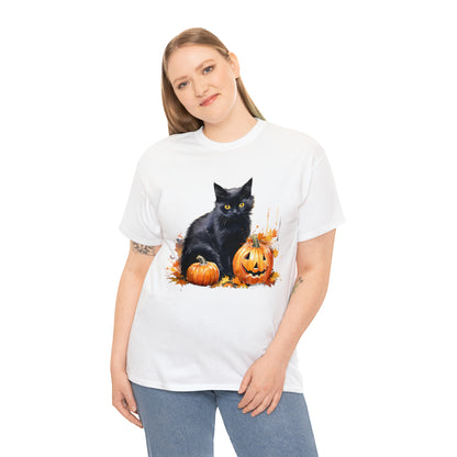 Black Cat with Pumpkin Halloween Short Sleeve Tee