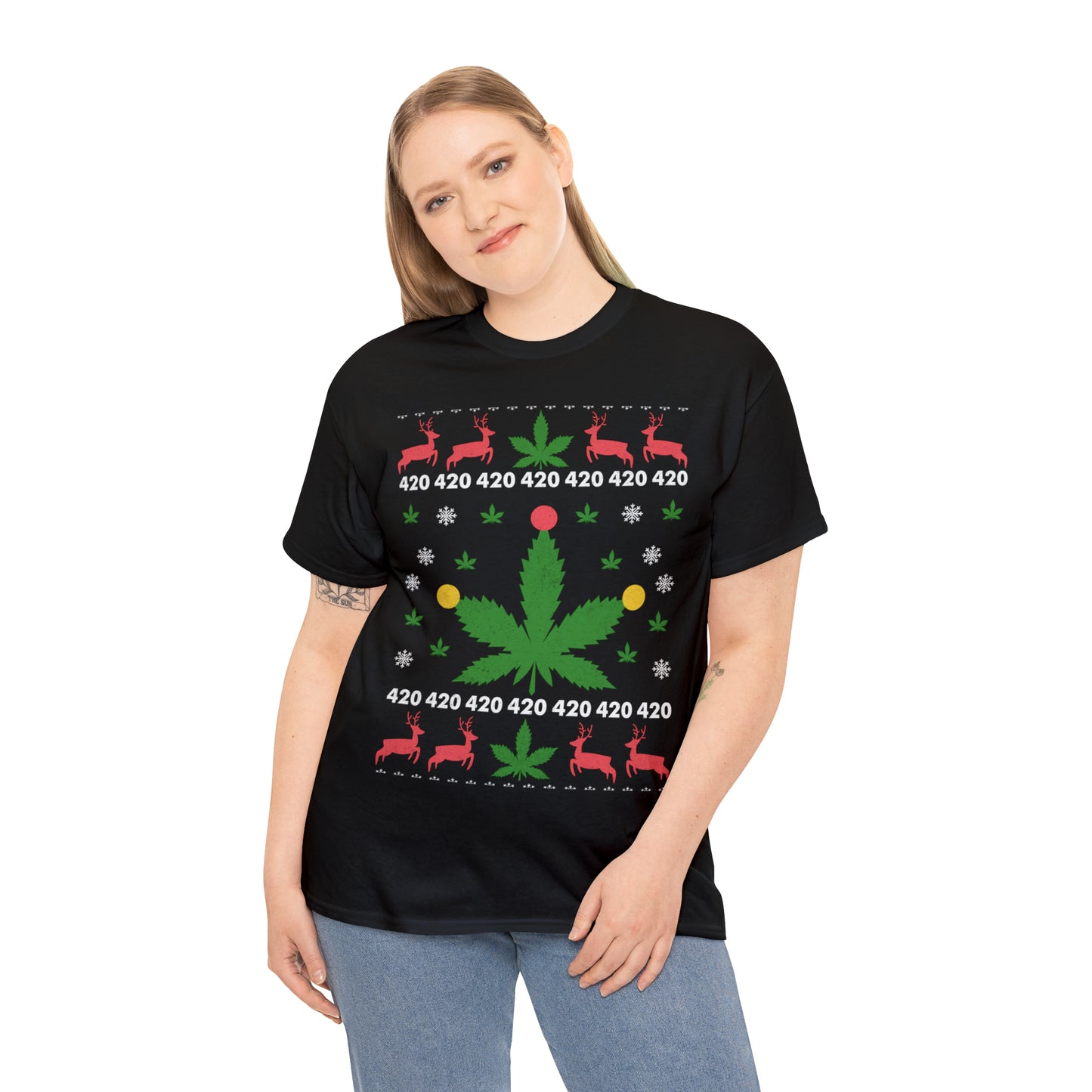 Cannabis Leaf with Lights Christmas Ugly Sweater Short Sleeve Tee