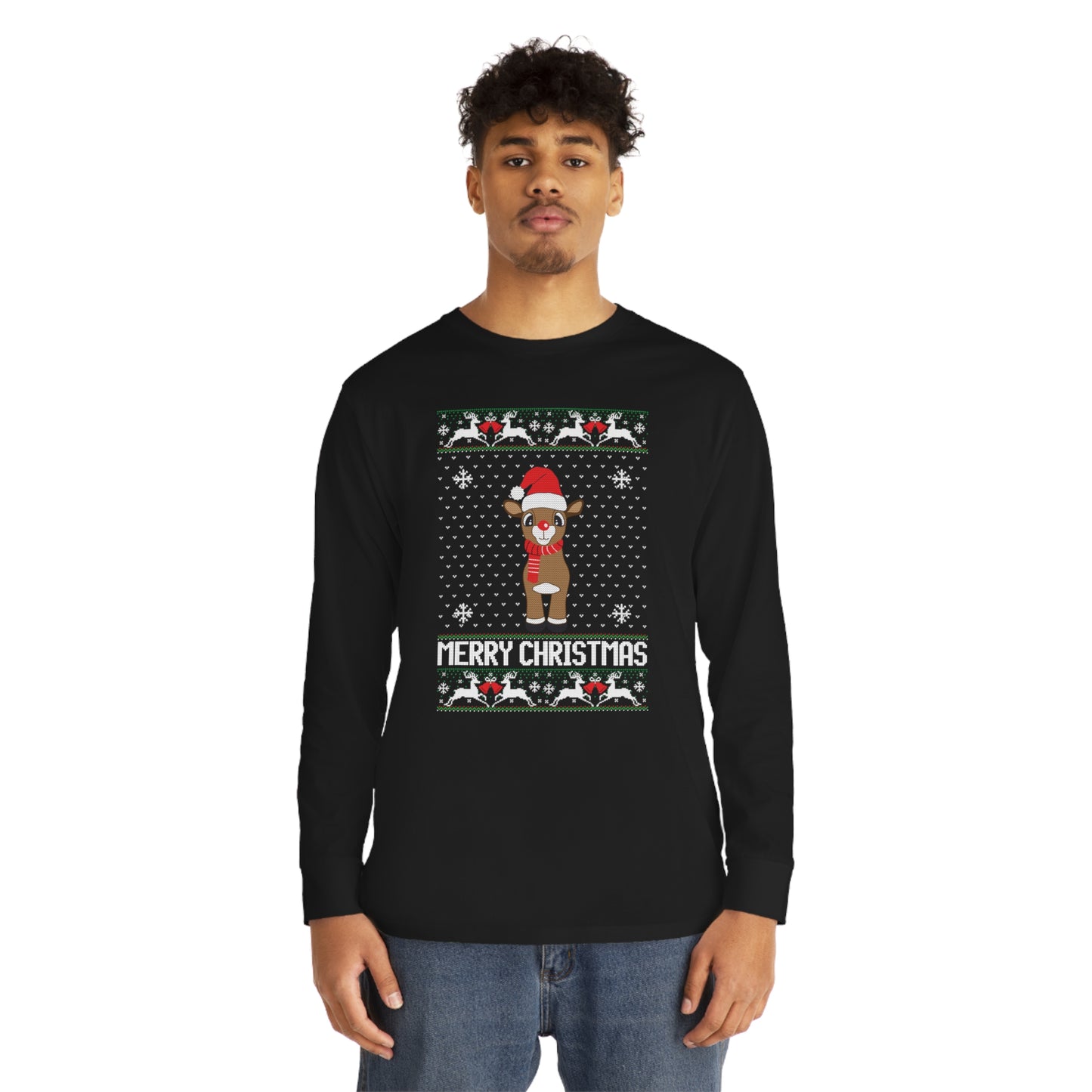 Merry Christmas Rudolph Ugly Christmas Sweater Long Sleeve Tee