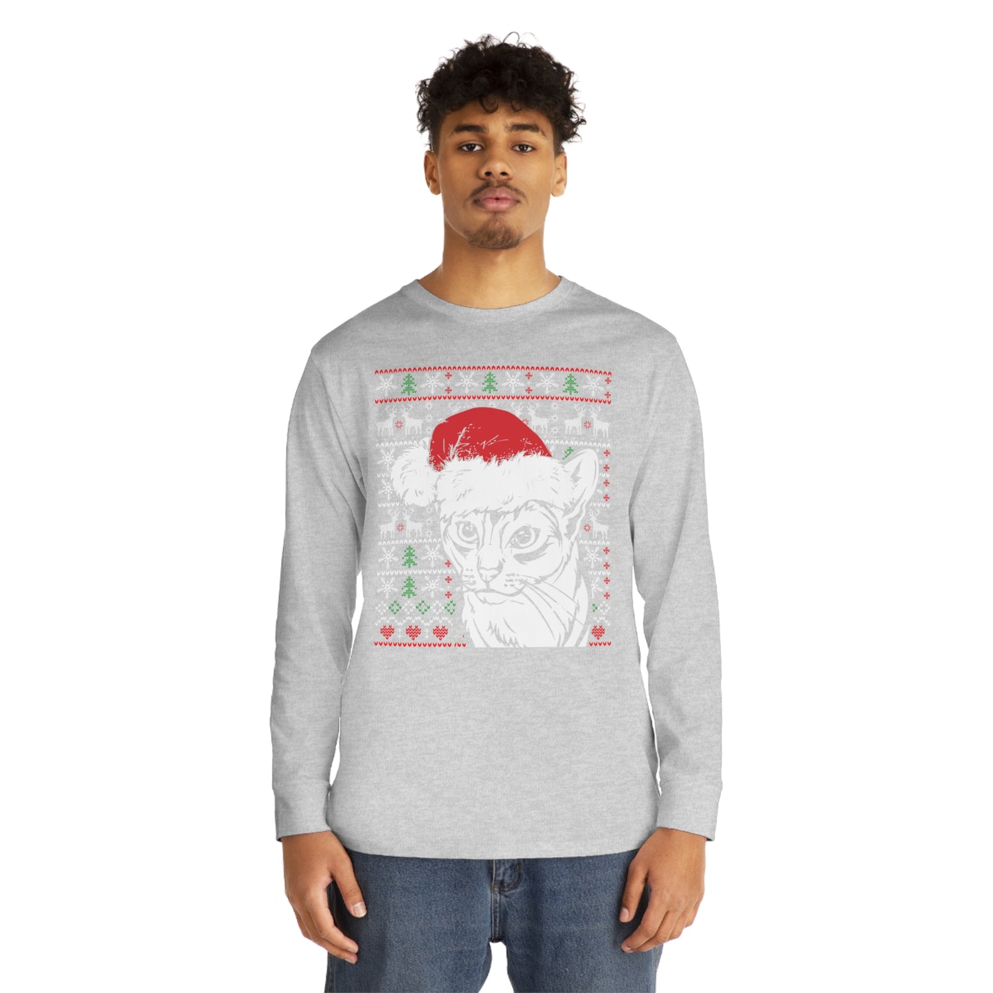 Cat in Santa Hat Christmas Ugly Sweater Long Sleeve T-shirt