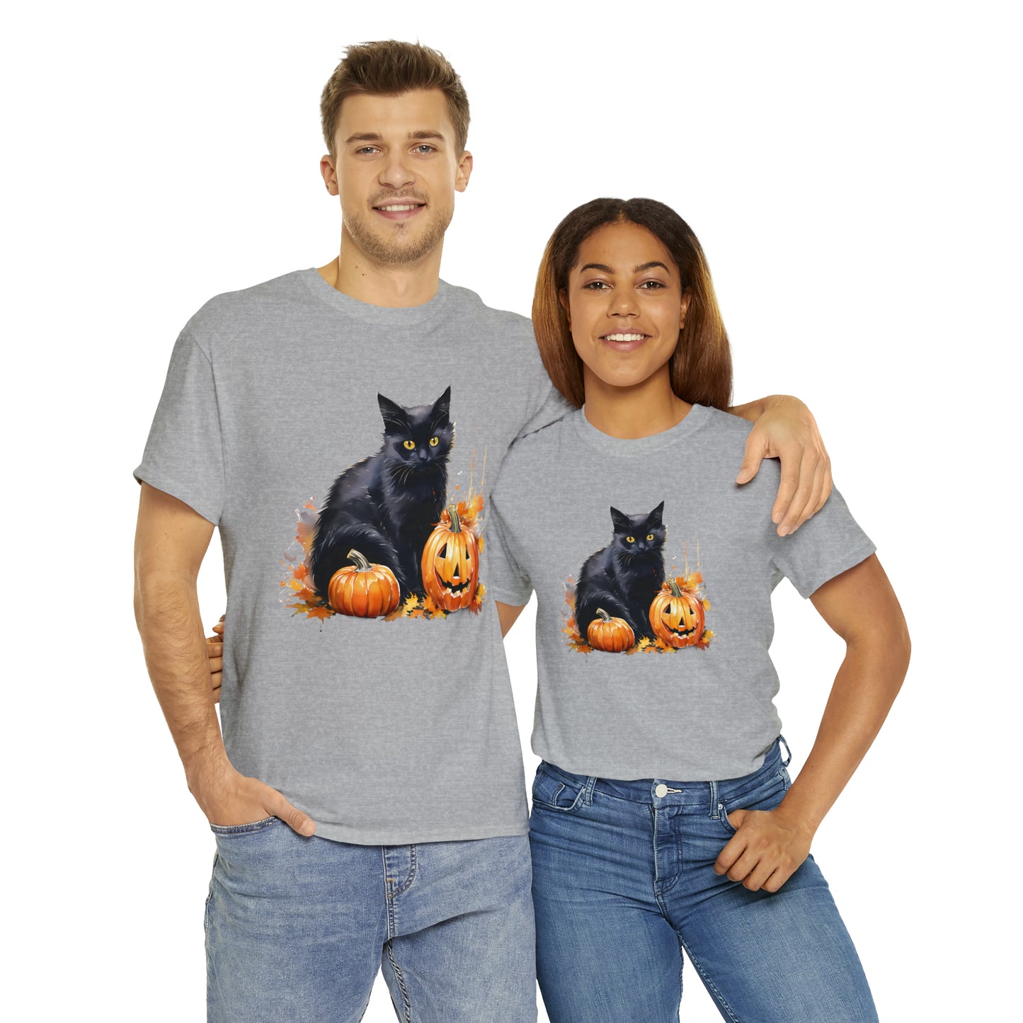 Black Cat with Pumpkin Halloween Short Sleeve Tee