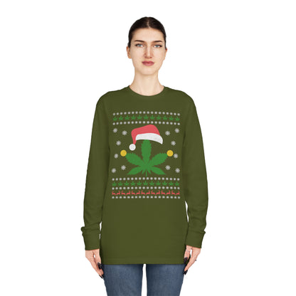 Cannabis Leaf in Santa Hat Christmas Ugly Sweater Long Sleeve T-shirt