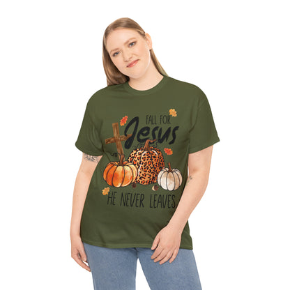 Fall For Jesus He Never Leaves Christian Halloween Short Sleeve Tee