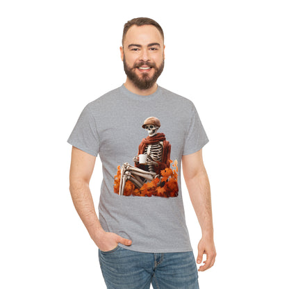 Skeleton in Fedora Sitting With Fall Leaves Halloween Short Sleeve Tee