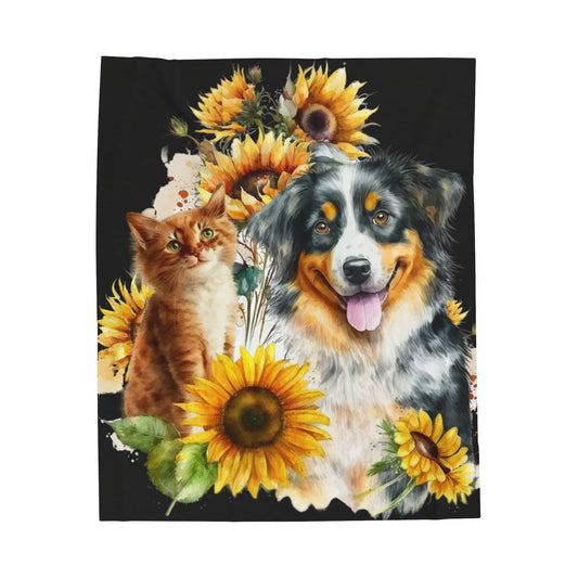 Watercolor Dog and Cat with Sunflowers Blanket