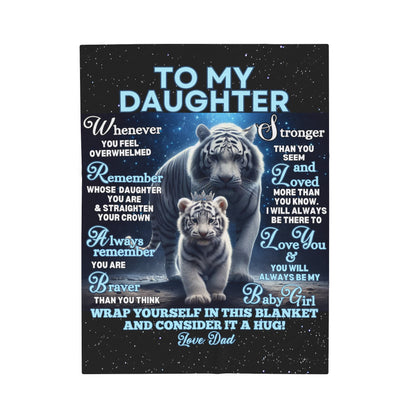 White Tiger and Cub Velveteen Plush Blanket for Daughter with Crown and Heartwarming Message from Dad