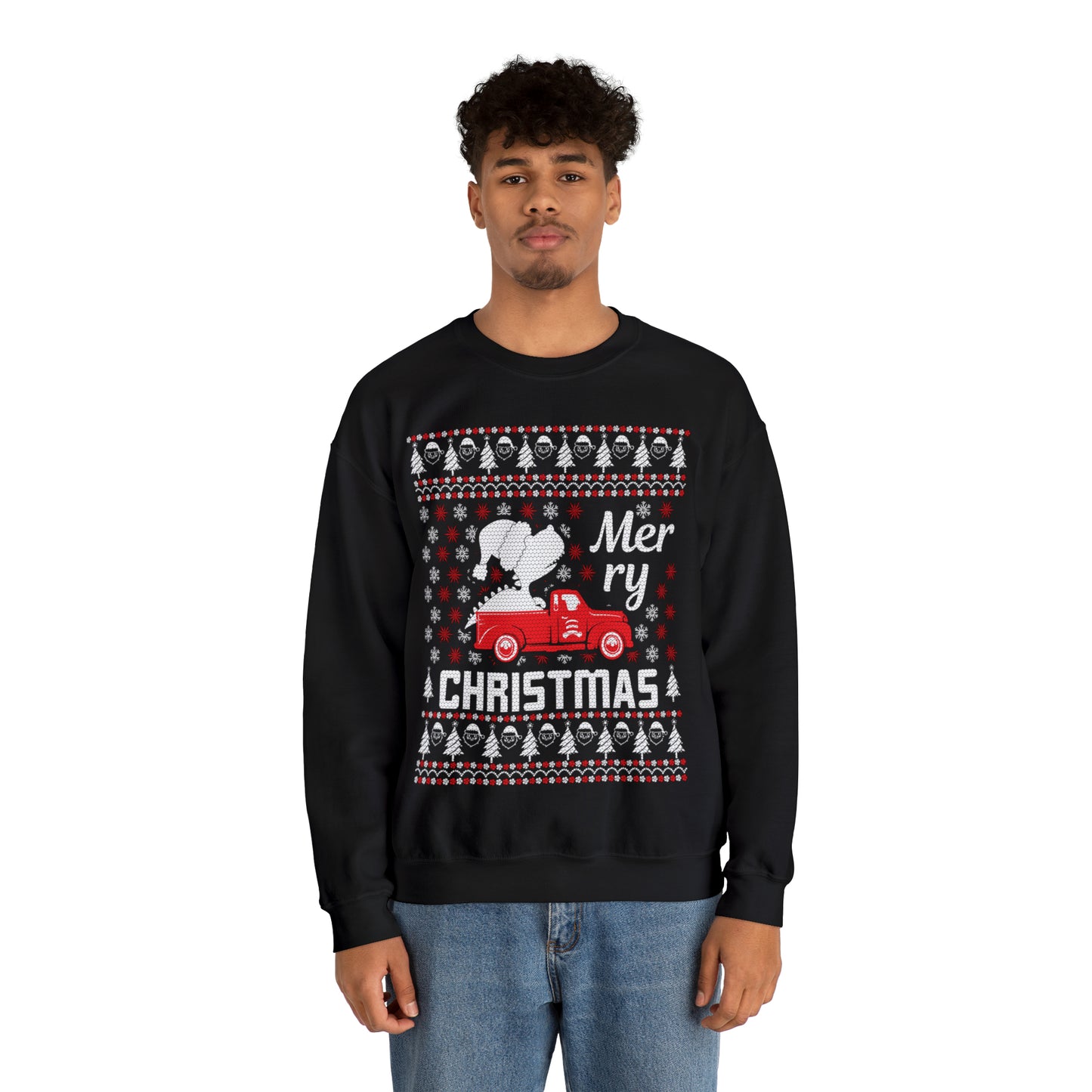 Dinosaur in Red Truck Merry Christmas Ugly Sweater Sweatshirt