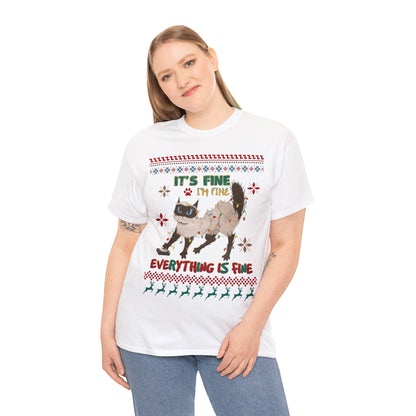 It's Fine I'm Fine Everything is Fine Cat in Lights Christmas Ugly Sweater Short Sleeve Tee