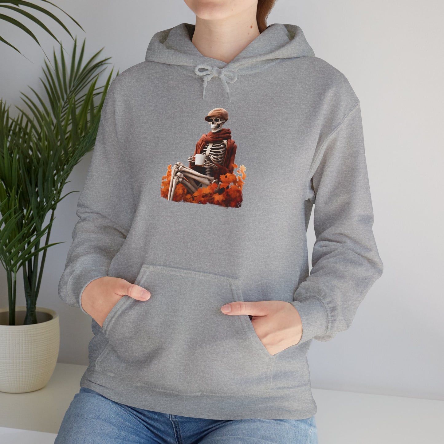 Skeleton in Fedora Sitting With Fall Leaves Pullover Hoodie