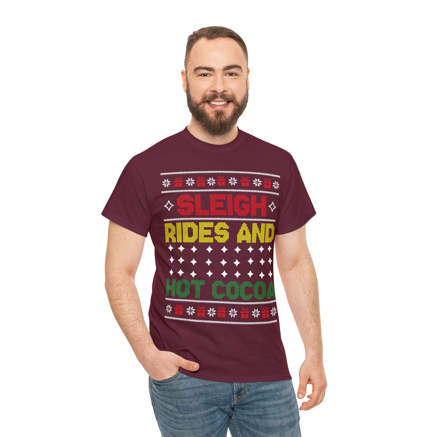 Sleigh Rides and Hot Cocoa Christmas Ugly Sweater Short Sleeve Tee