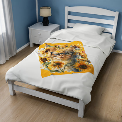 Watercolor Yellow Sunflowers with Cat in Glasses Blanket