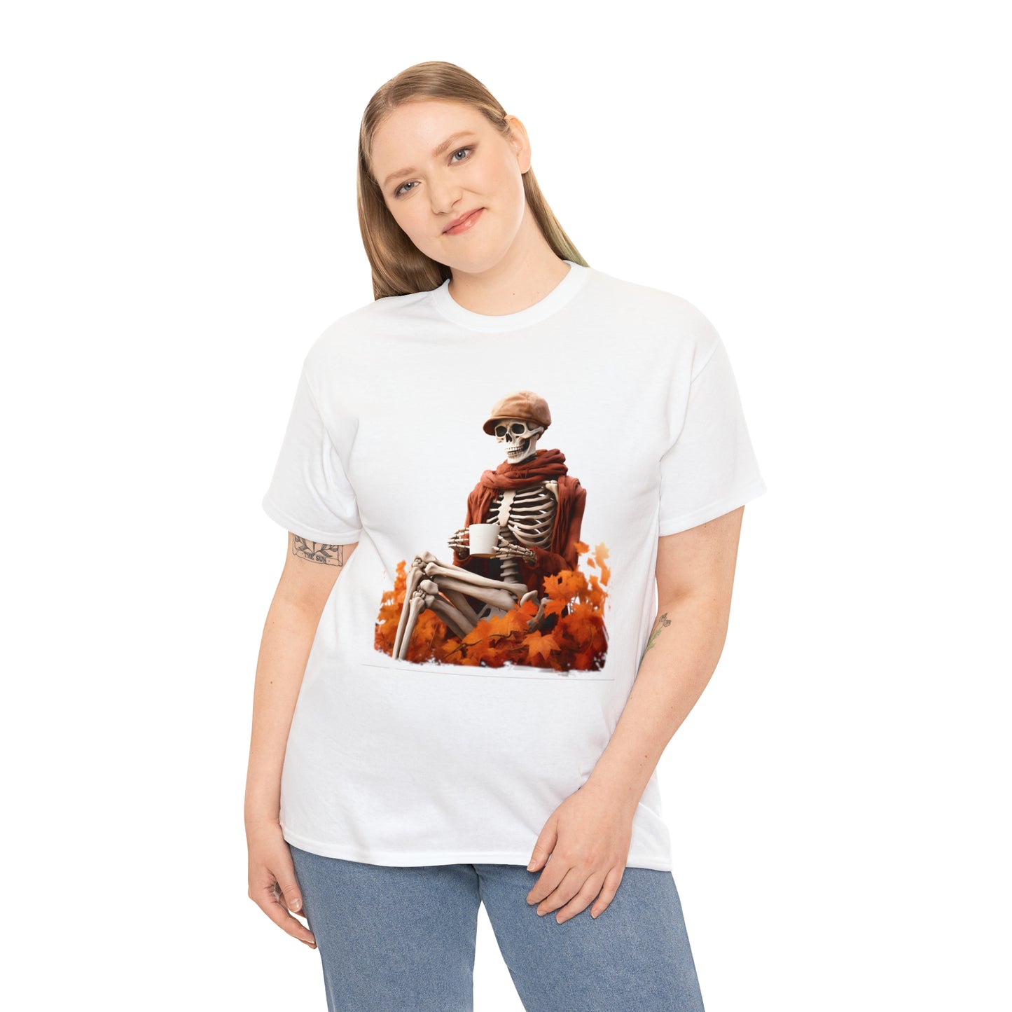 Skeleton in Fedora Sitting With Fall Leaves Halloween Short Sleeve Tee