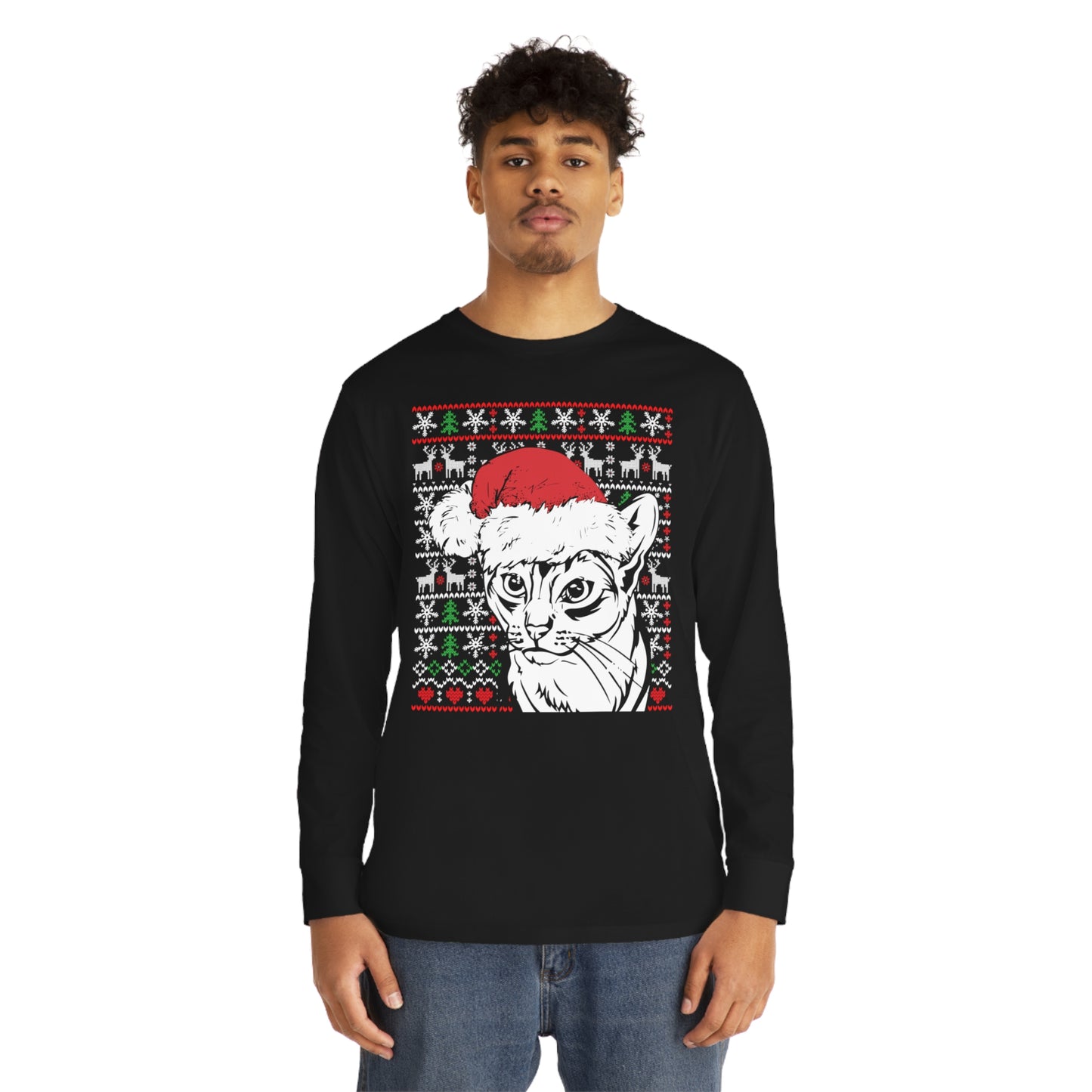 Cat in Santa Hat Christmas Ugly Sweater Long Sleeve T-shirt