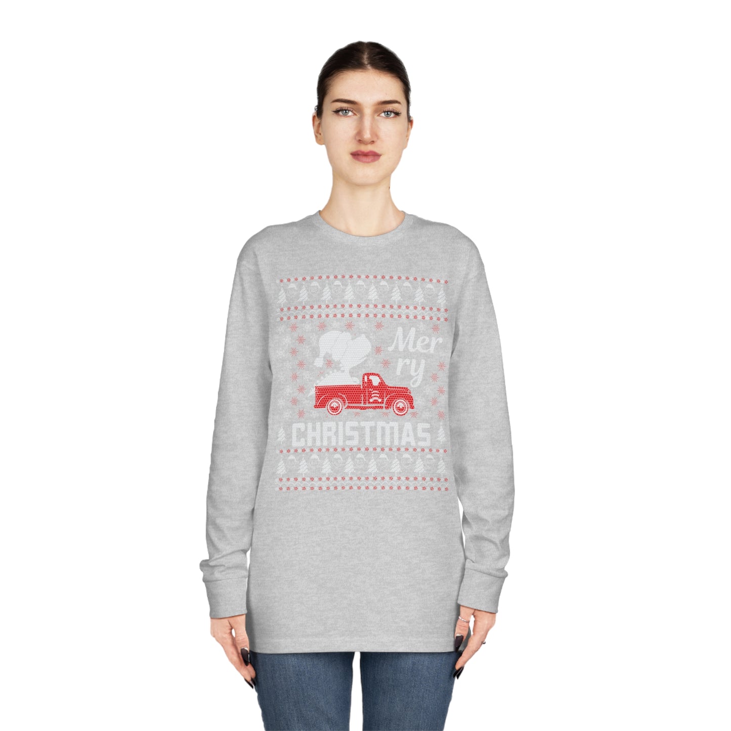 Dinosaur in Red Truck Merry Christmas Ugly Sweater Long Sleeve T-shirt