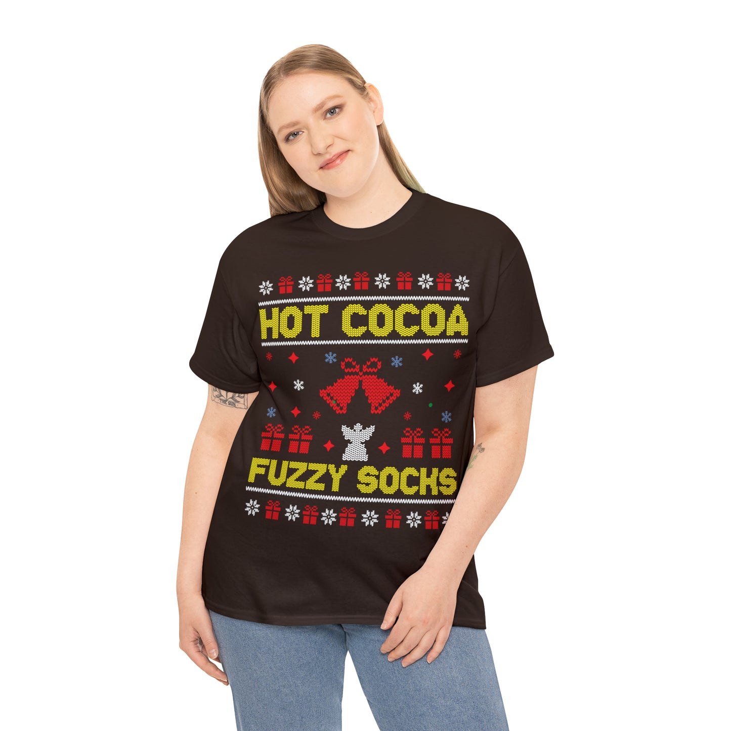 Hot Cocoa Fuzzy Socks Christmas Ugly Sweater Short Sleeve Tee