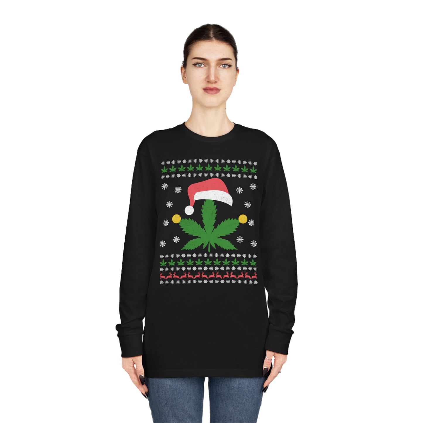 Cannabis Leaf in Santa Hat Christmas Ugly Sweater Long Sleeve T-shirt