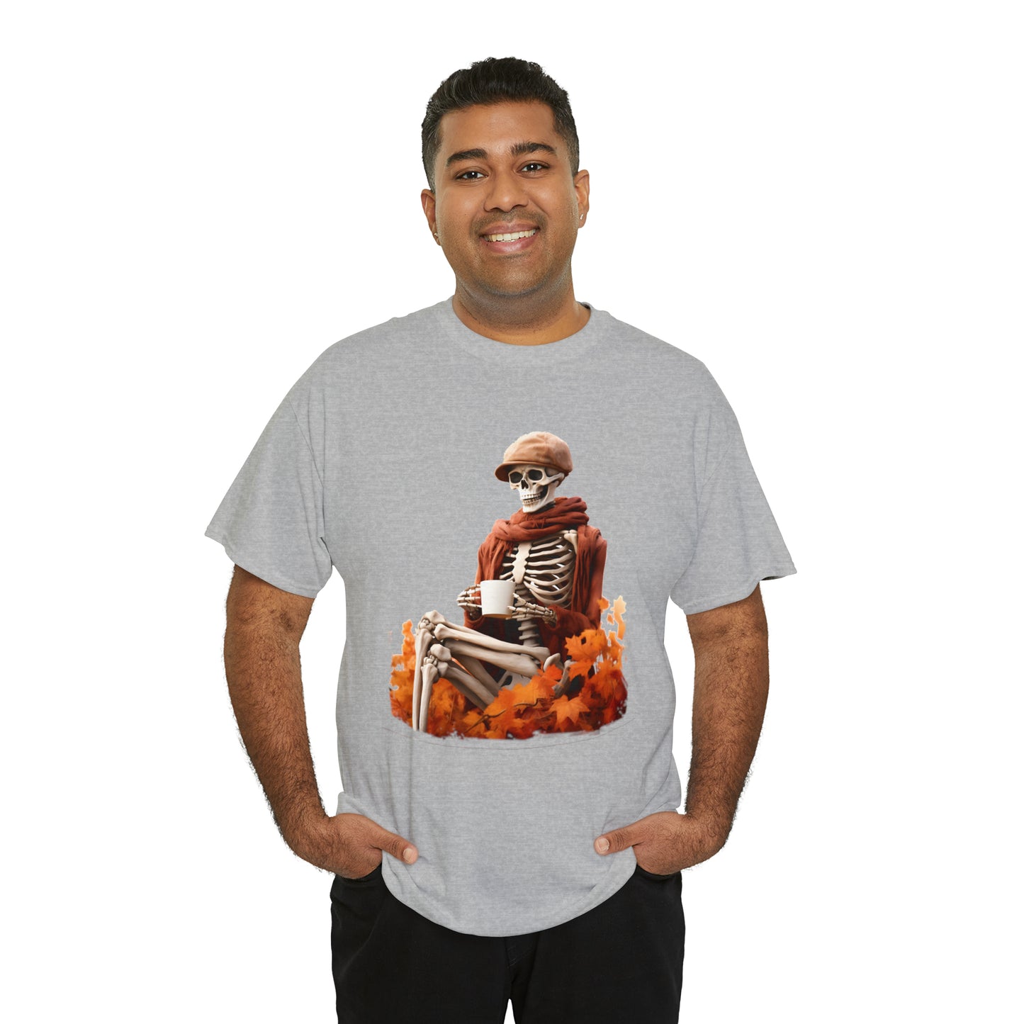 Skeleton in Fedora Sitting With Fall Leaves Halloween Short Sleeve Tee