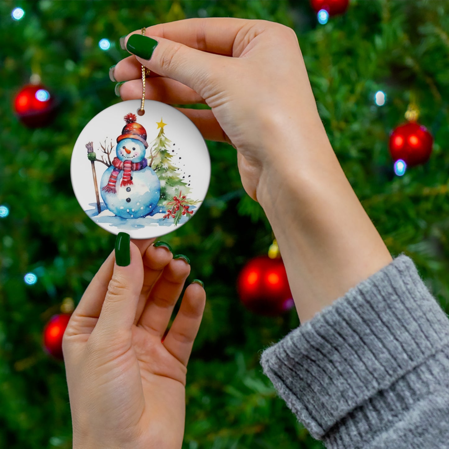 Snowman with Tree Christmas Ceramic Ornament