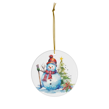 Snowman with Tree Christmas Ceramic Ornament