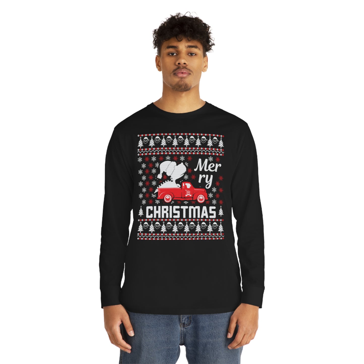 Dinosaur in Red Truck Merry Christmas Ugly Sweater Long Sleeve T-shirt