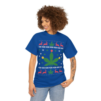 Cannabis Leaf with Lights Christmas Ugly Sweater Short Sleeve Tee