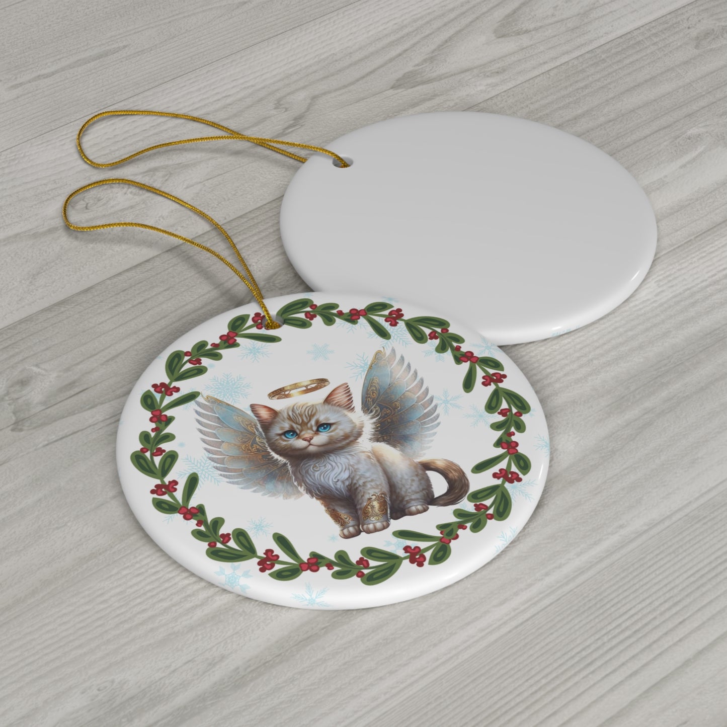 White Angel Cat Kitten Christmas Ceramic Ornament