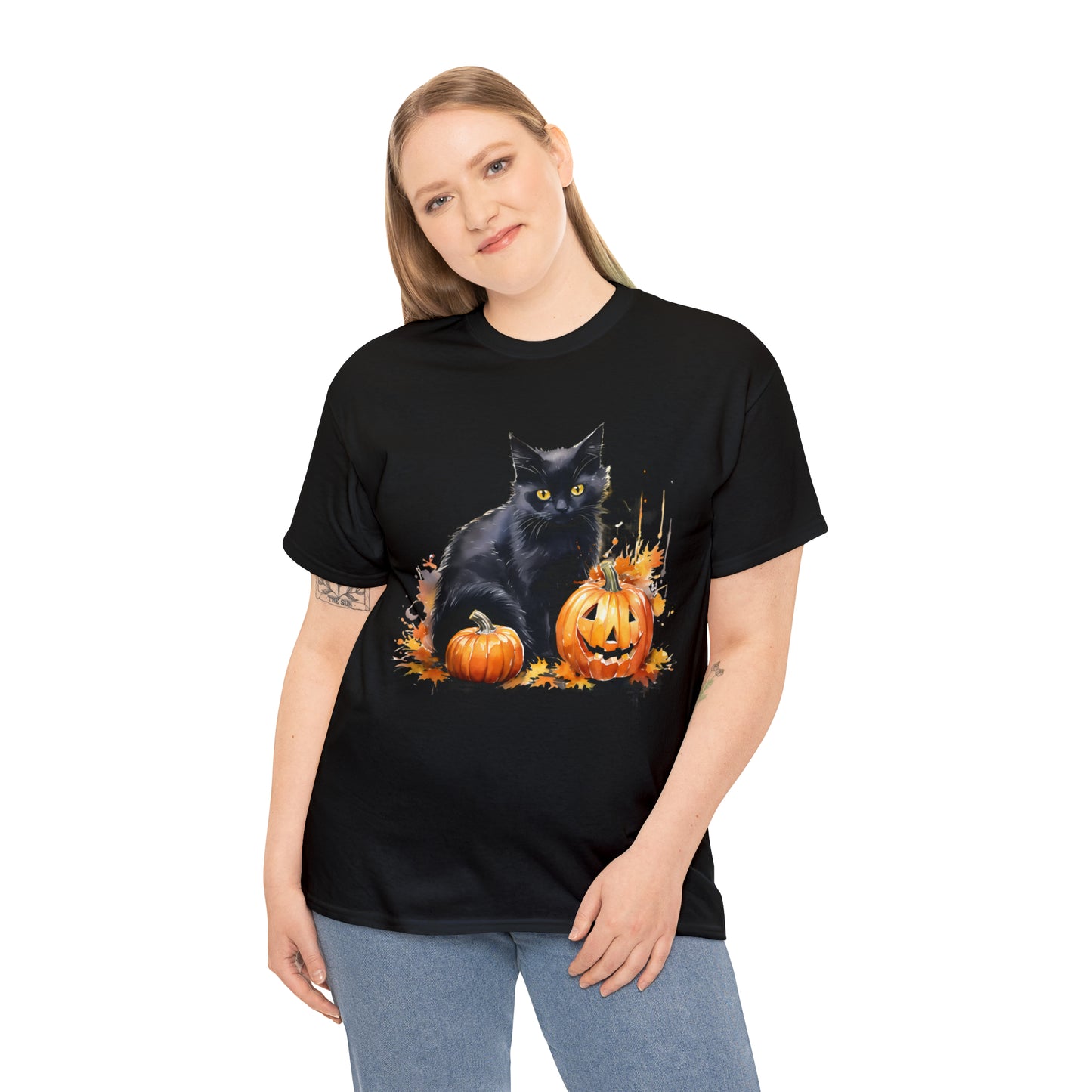 Black Cat with Pumpkin Halloween Short Sleeve Tee