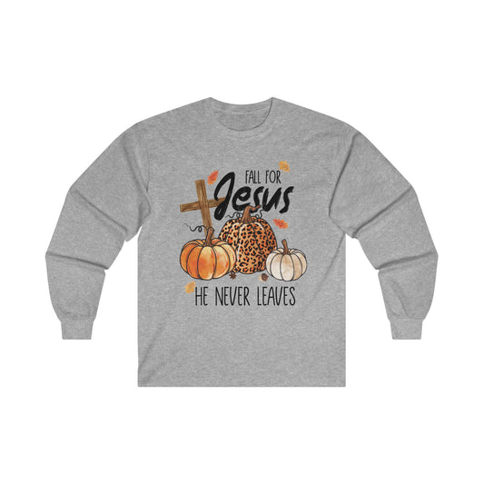 Fall For Jesus He Never Leaves Christian Halloween Long Sleeve Tee