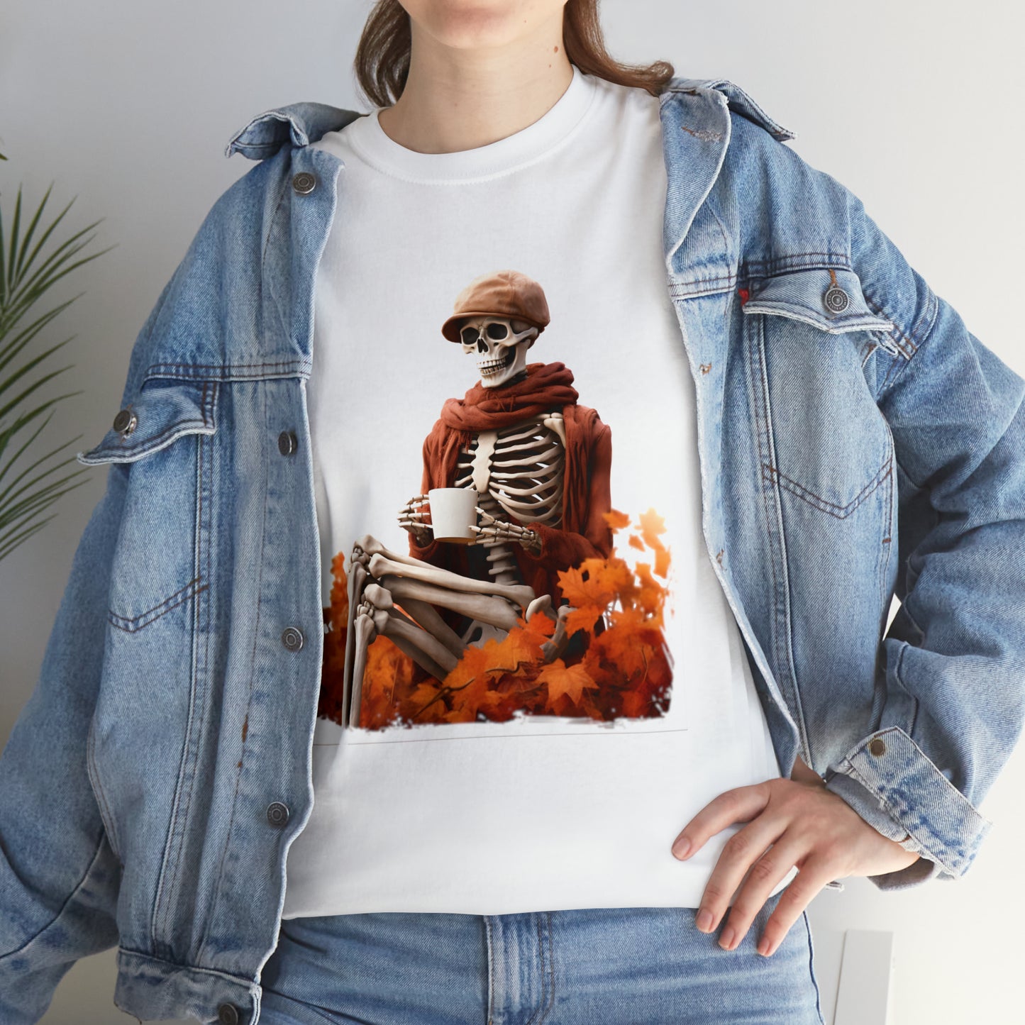 Skeleton in Fedora Sitting With Fall Leaves Halloween Short Sleeve Tee