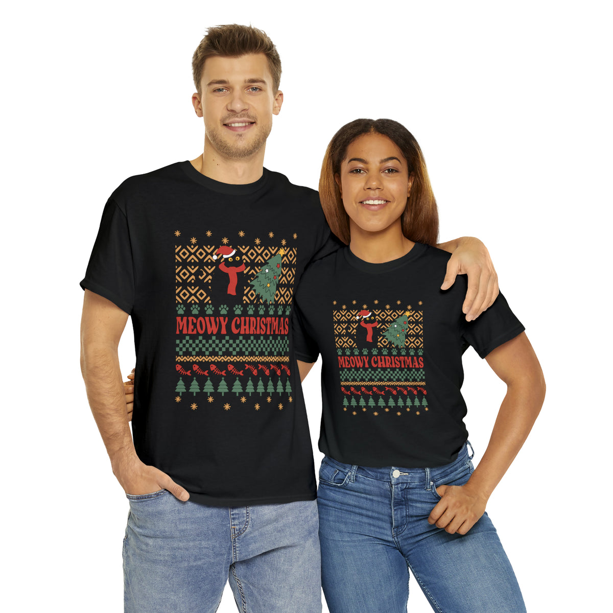 Meowy Christmas Cat Tipping Over Tree Ugly Sweater Short Sleeve Tee